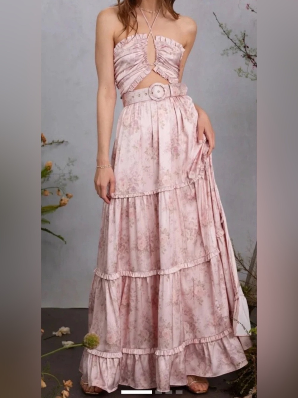V. Chapman Blush Floral Tiered Maxi Dress with Belt